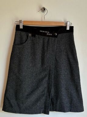 IKKS Paris Charcoal Grey Wool Blend Herringbone Asymmetrical Wrap Skirt